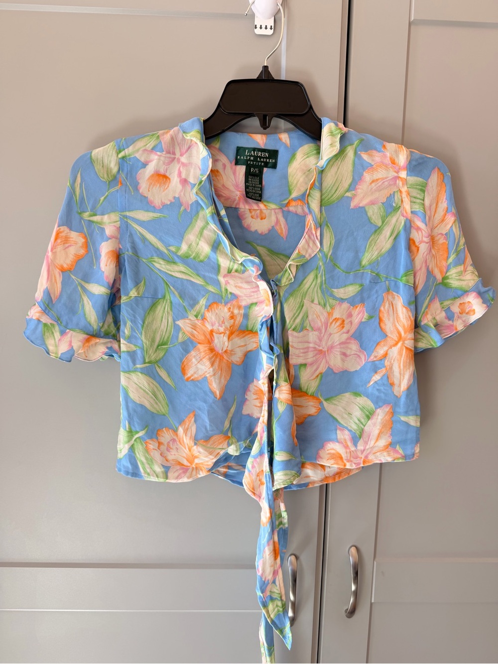 Lauren Ralph Lauren 100% Silk Floral Tie Front Ruffle Blouse Petite P/S